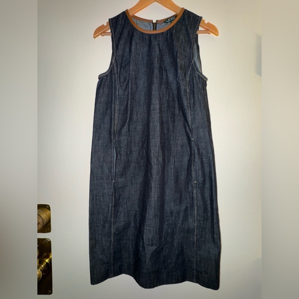 Lauren Ralph Lauren Dark Blue Denim Leather Trim Sleeveless Sheath Dress Size 8 - Picture 2 of 8